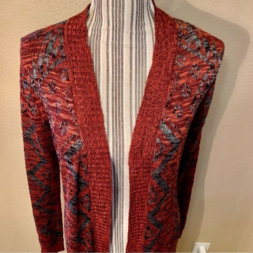 Cato Cardigan Small Open Duster Burgundy Grey Geometric Pattern Ribbed Trim - Picture 2 of 15